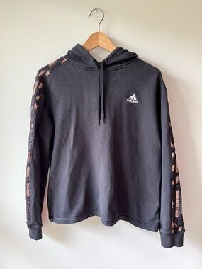 adidas Women’s Black Hoodie with Animal Print Striped Sleeves - M